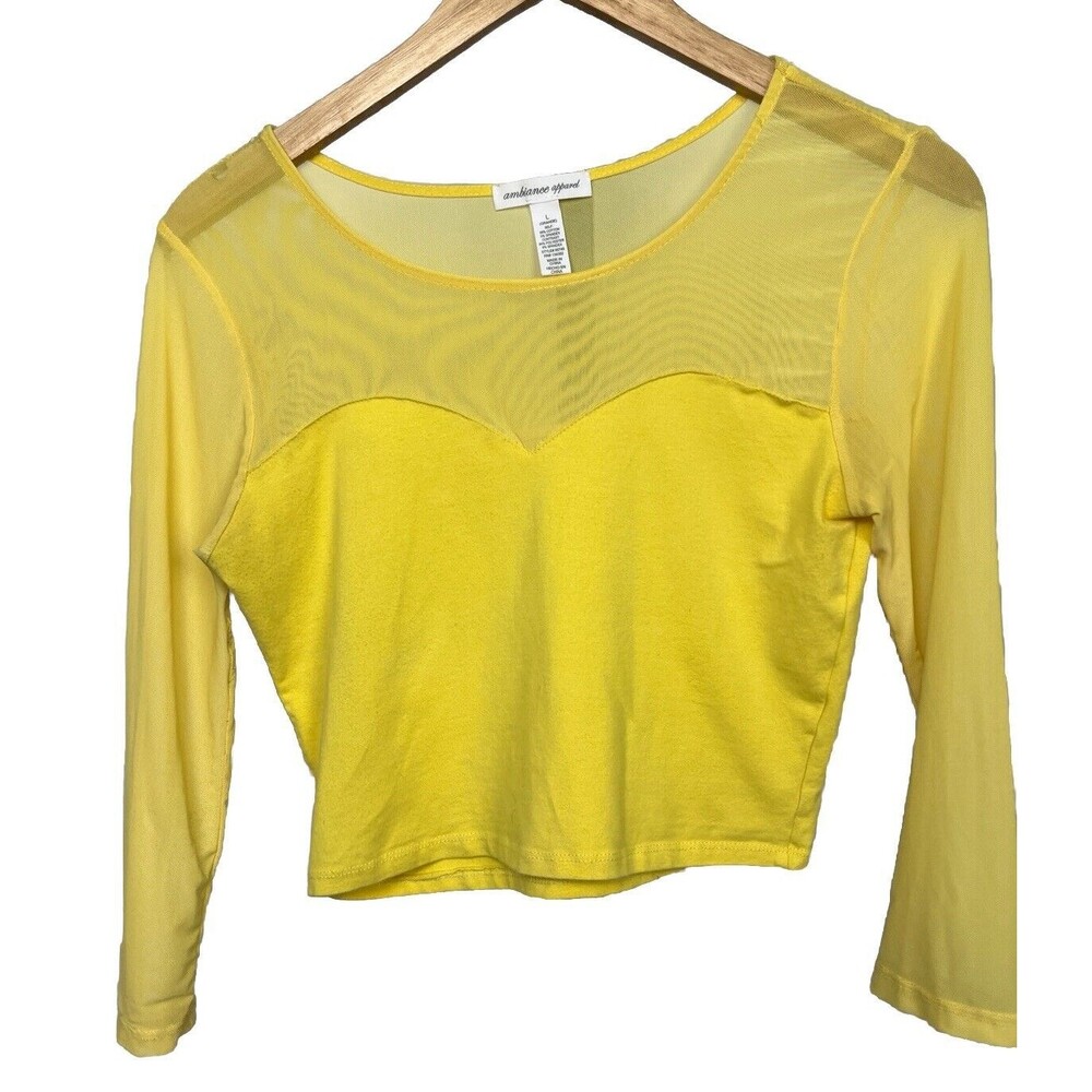 Ambiance Apparel‎ Top Crop 3/4 Sleeve Sheer Bodice Stretch Yellow Large Romantic